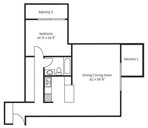 Floor plan for 1 bed, 1 bath, 716 sqft